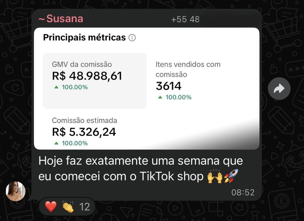 Painel Principais métricas com GMV da comissão de R$ 48.988,61, 3.614 itens vendidos e comissão estimada de R$ 5.326,24, enviado por uma aluna na primeira semana de TikTok Shop.