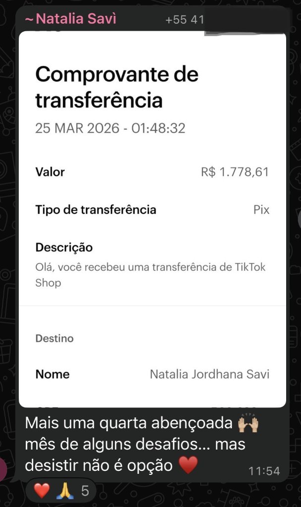 Comprovante de transferência via Pix no valor de R$ 1.778,61, com a descrição: você recebeu uma transferência de TikTok Shop.