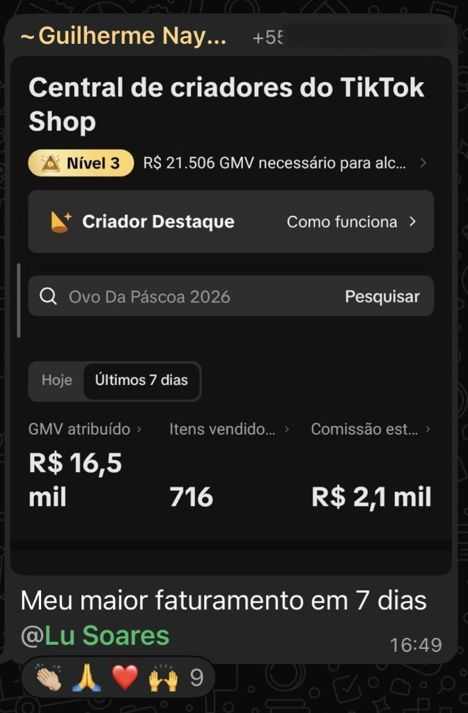 Painel Central de criadores do TikTok Shop no período Últimos 7 dias, mostrando GMV atribuído de R$ 16,5 mil, 716 itens vendidos e comissão estimada de R$ 2,1 mil.