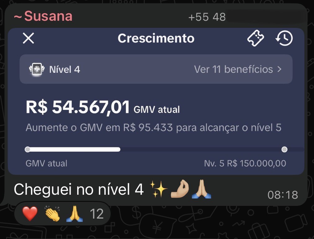 Painel Crescimento marcando Nível 4 e R$ 54.567,01 de GMV atual, com a mensagem da aluna: Cheguei no nível 4.