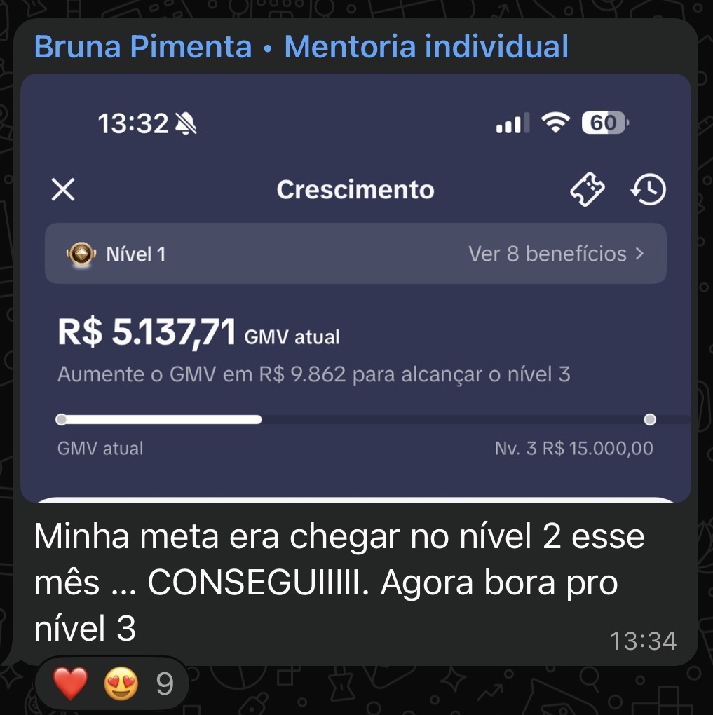 Painel Crescimento exibindo R$ 5.137,71 de GMV atual, compartilhado por uma aluna ao bater a meta do mês.
